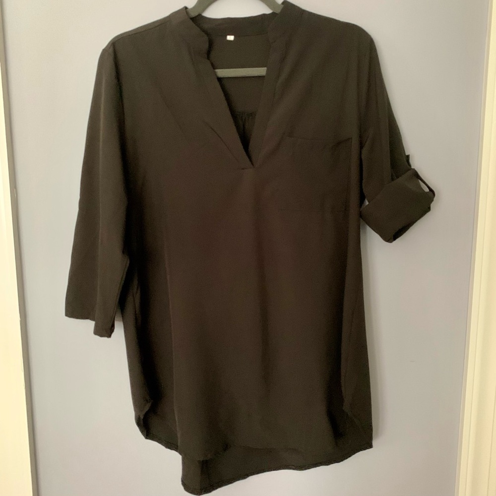 Women's Black V-Neck Roll-Sleeve Blouse